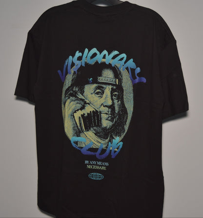 Black t-shirt with graphic design of a face holding a phone, on a plain background